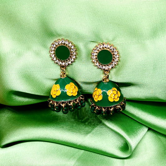 Green Floral Rhinestone Jhumka